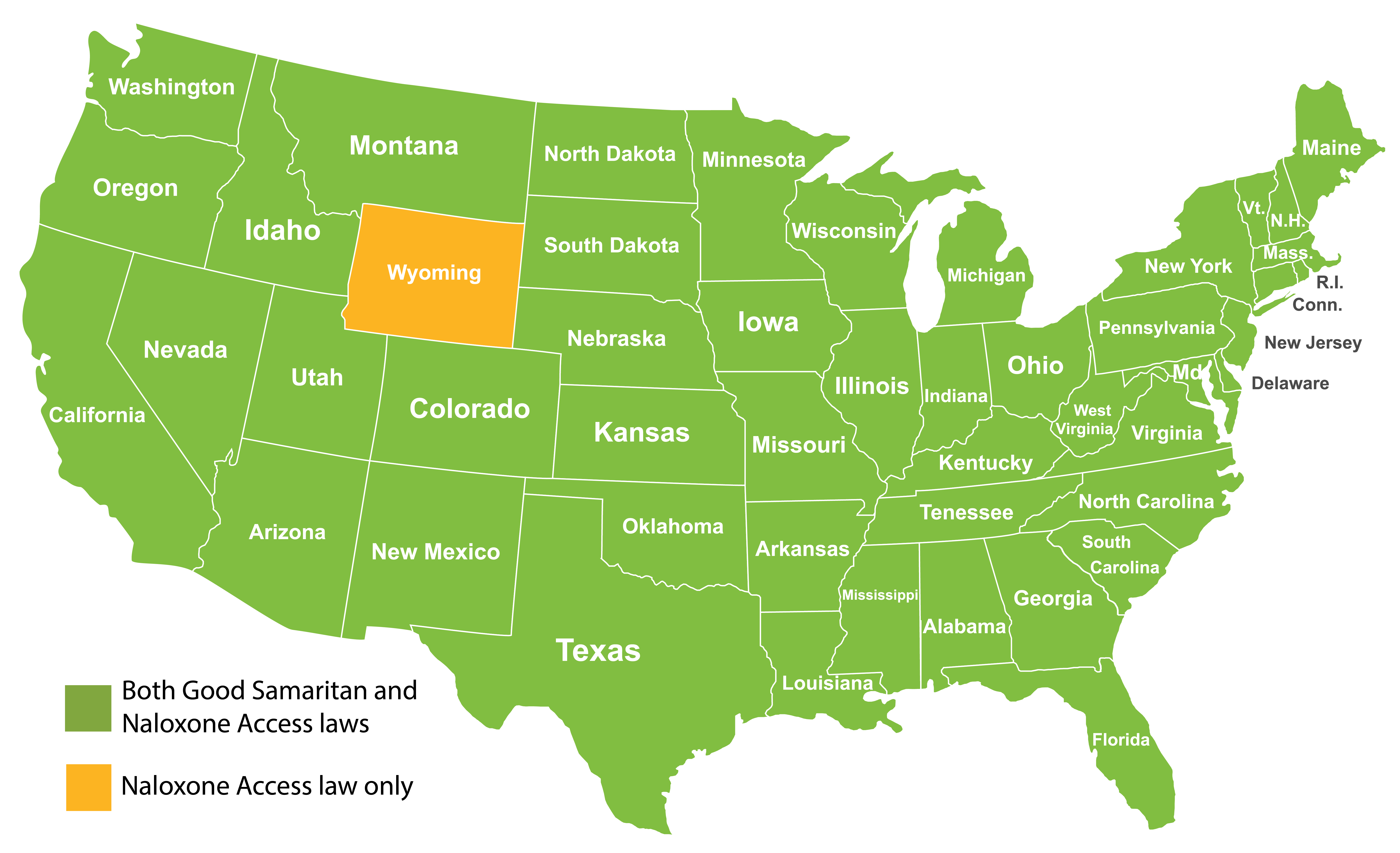 Every state but Wyoming has both Good Samaritan and Naloxone Access laws. Wyoming only has a Naloxone Access law.